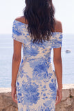 Blue Flower One Shoulder Mermaid Long Formal Dress with Slit