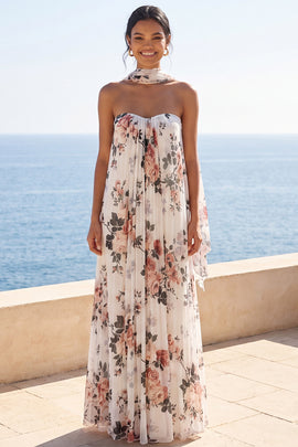 Strapless Ivory Floral A Line Long Formal Dress
