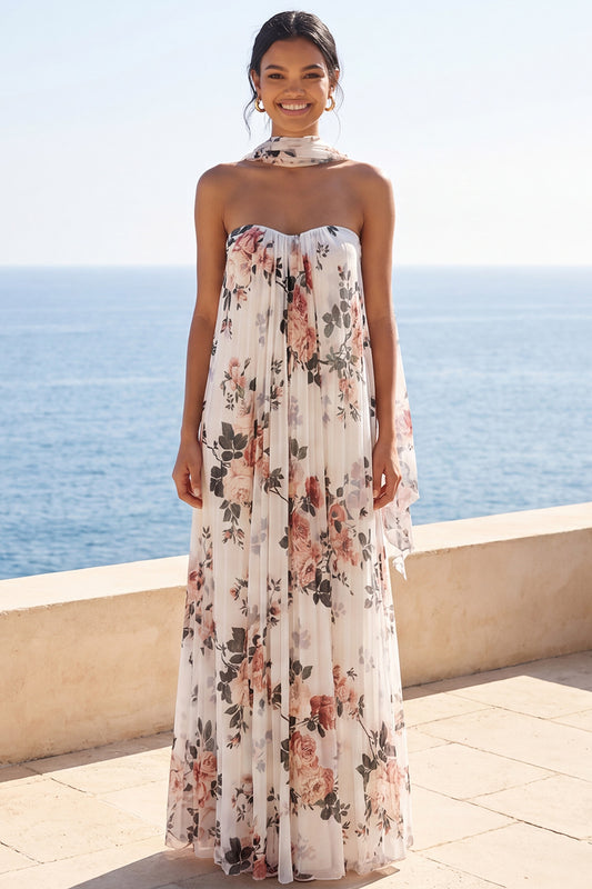 Strapless Ivory Floral A Line Long Formal Dress
