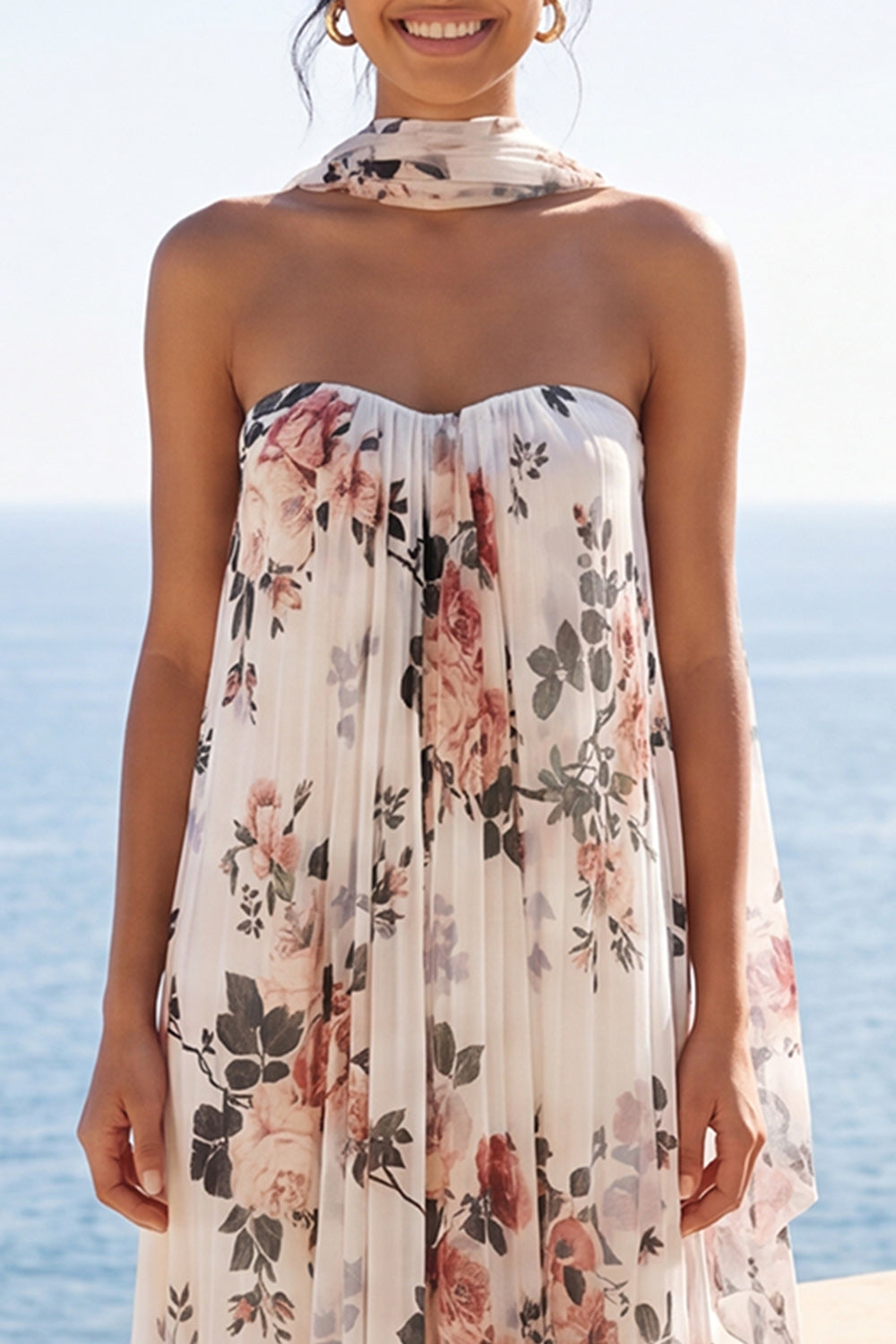 Strapless Ivory Floral A Line Long Formal Dress
