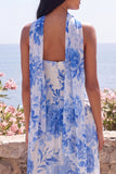 Blue Flower Ruched Strapless Sheath Long Formal Dress