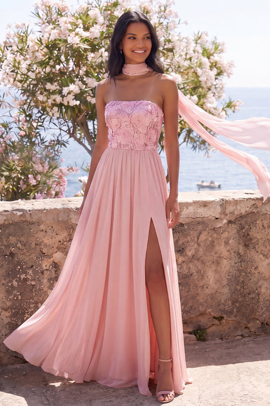 Pink Strapless Floral A Line Long Formal Dress with Slit