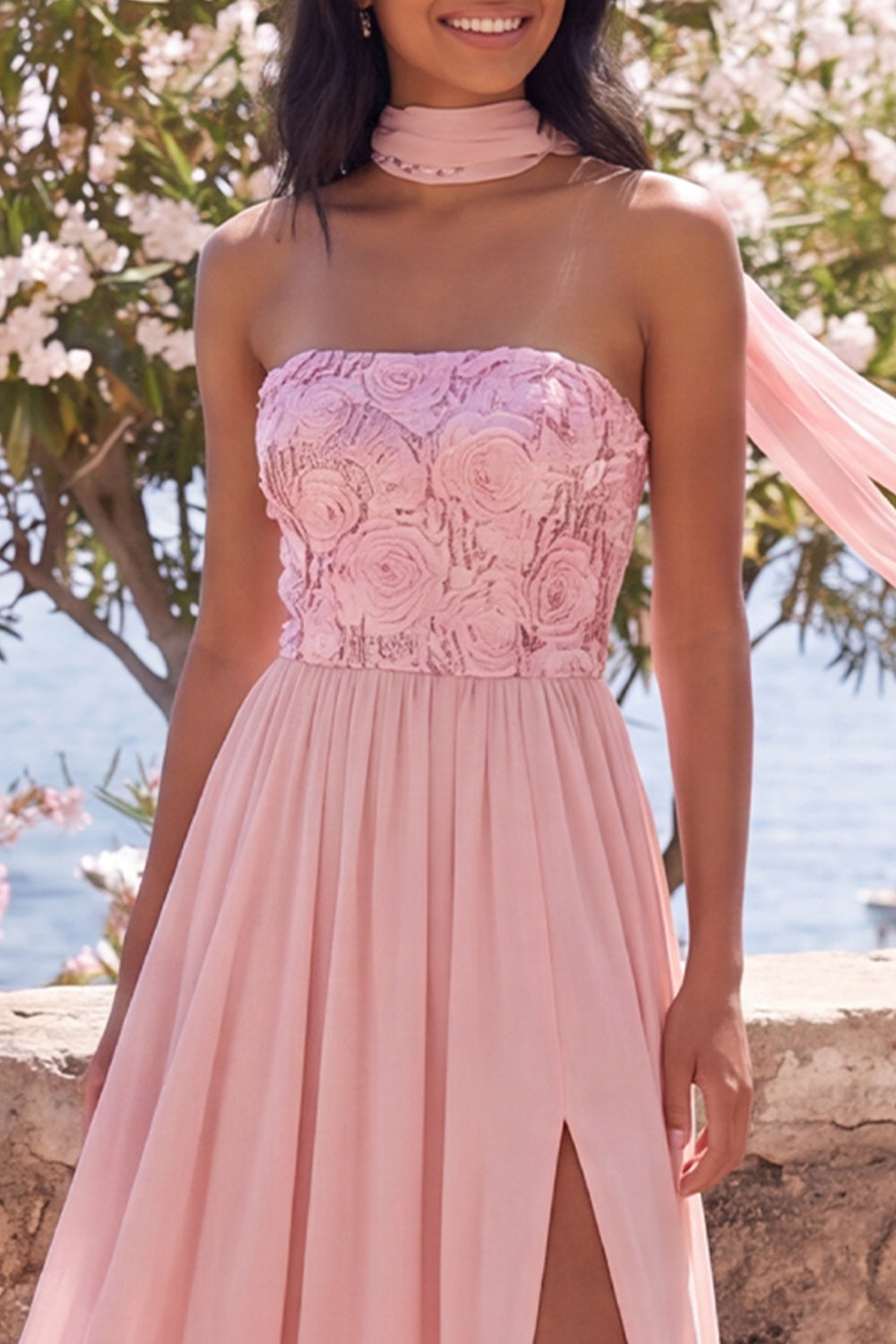 Pink Strapless Floral A Line Long Formal Dress with Slit