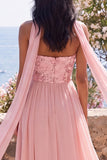 Pink Strapless Floral A Line Long Formal Dress with Slit