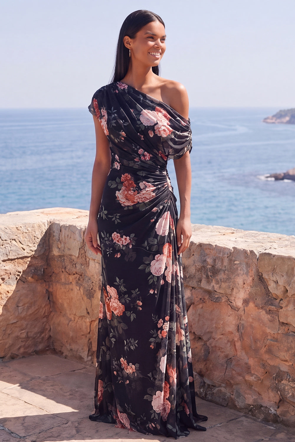 Ivory One Shoulder Ruched Floral Mermaid Long Formal Dress with slit