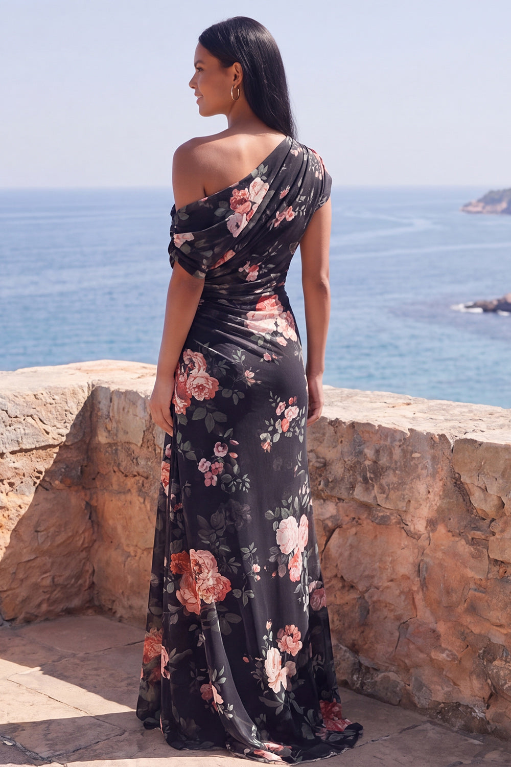 Ivory One Shoulder Ruched Floral Mermaid Long Formal Dress with slit