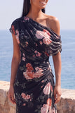 Ivory One Shoulder Ruched Floral Mermaid Long Formal Dress with slit