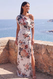 Ivory One Shoulder Ruched Floral Mermaid Long Formal Dress with slit
