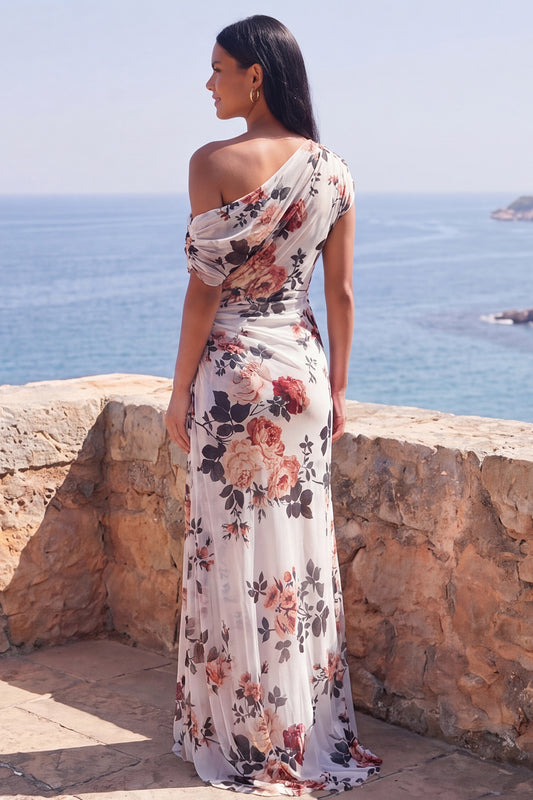 Ivory One Shoulder Ruched Floral Mermaid Long Formal Dress with slit