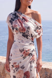 Ivory One Shoulder Ruched Floral Mermaid Long Formal Dress with slit