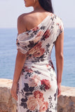 Ivory One Shoulder Ruched Floral Mermaid Long Formal Dress with slit