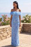 Blue Off the Shoulder Floral Mermaid Long Formal Dress with Ruffles