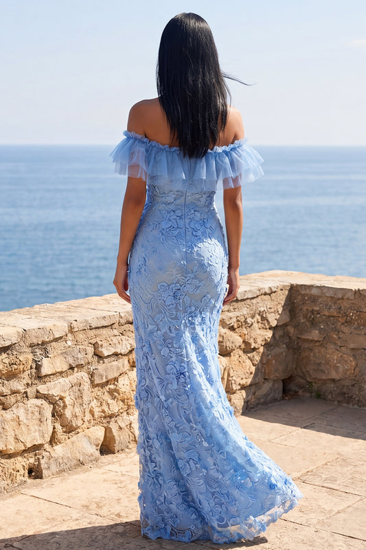 Blue Off the Shoulder Floral Mermaid Long Formal Dress with Ruffles
