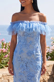 Blue Off the Shoulder Floral Mermaid Long Formal Dress with Ruffles