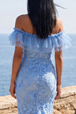 Blue Off the Shoulder Floral Mermaid Long Formal Dress with Ruffles