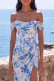 Mermaid Blue Flower Ruched Off the Shoulder Long Formal Dress with Slit