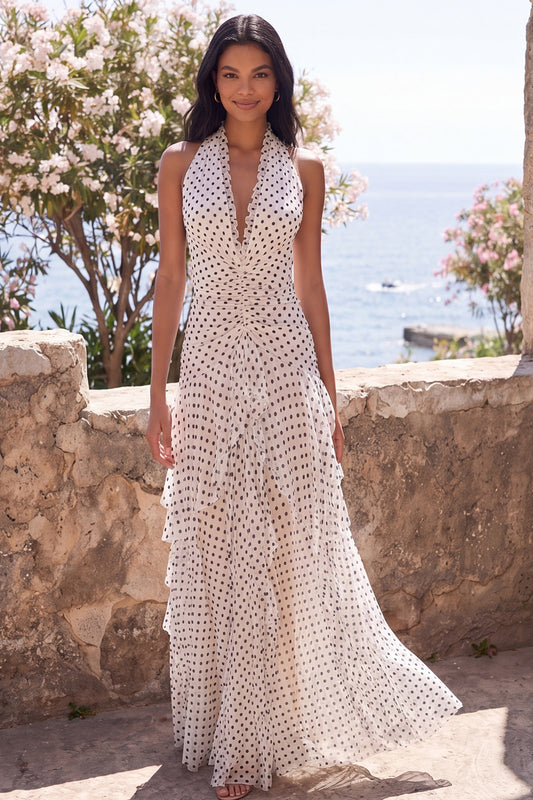White and Black Polka Dots Halter Ruched A Line Long Formal Dress with Ruffles