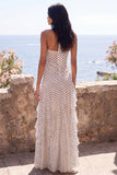 White and Black Polka Dots Halter Ruched A Line Long Formal Dress with Ruffles