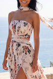Ruched Strapless Ivory Floral A Line Long Formal Dress with Slit