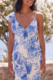 Blue Flower One Shlulder Mermaid Long Formal Dress with Ruffles
