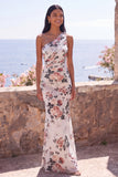 Ivory One Shoulder Keyhole Back Floral Mermaid Long Formal Dress