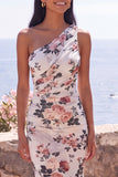 Ivory One Shoulder Keyhole Back Floral Mermaid Long Formal Dress