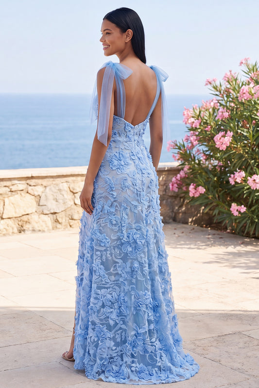 Blue Thick Straps Floral Mermaid Long Formal Dress with Bows