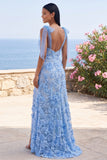 Blue Thick Straps Floral Mermaid Long Formal Dress with Bows