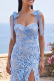 Blue Thick Straps Floral Mermaid Long Formal Dress with Bows