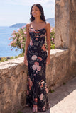 Black Spaghetti Straps Floral Mermaid Long Formal Dress