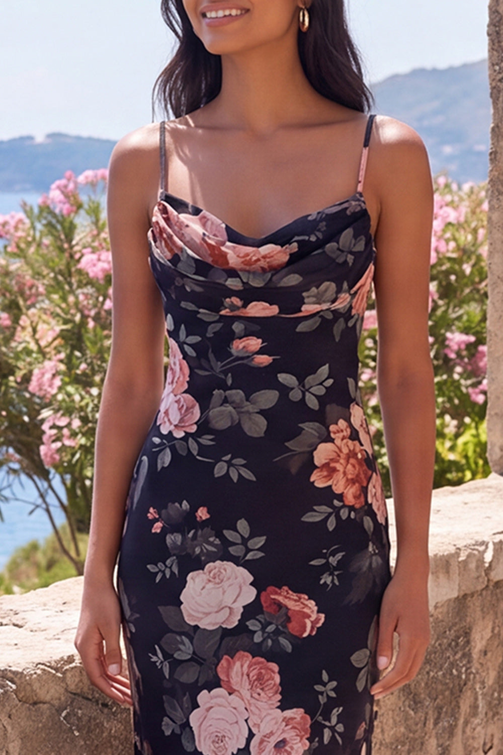 Black Spaghetti Straps Floral Mermaid Long Formal Dress