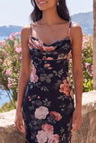 Black Spaghetti Straps Floral Mermaid Long Formal Dress