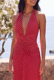 Red and White Polka Dots Halter Backless Sheath Long Formal Dress
