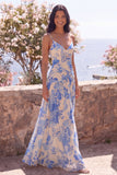 Blue Flower A Line V-Neck Long Formal Dress