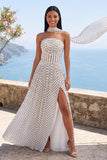 White and Black Polka Dots Strapless A Line Long Formal Dress with Slit