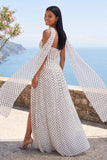 White and Black Polka Dots Strapless A Line Long Formal Dress with Slit