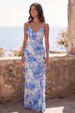 Blue Flower V-Neck Sheath Long Formal Dress with Ruffles