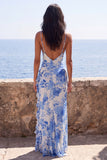 Blue Flower V-Neck Sheath Long Formal Dress with Ruffles