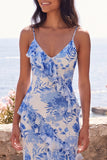 Blue Flower V-Neck Sheath Long Formal Dress with Ruffles