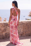 Pink One Shoulder Floral Ruched Mermaid Long Formal Dress with Slit