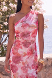 Pink One Shoulder Floral Ruched Mermaid Long Formal Dress with Slit