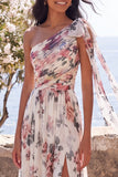 Ruched One Shoulder Ivory Floral A Line Long Formal Dress with Slit