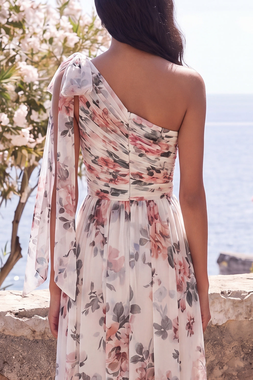 Ruched One Shoulder Ivory Floral A Line Long Formal Dress with Slit