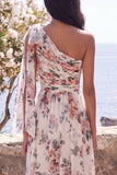 Ruched One Shoulder Ivory Floral A Line Long Formal Dress with Slit