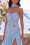 Blue Strapless Floral A Line Long Formal Dress with Slit
