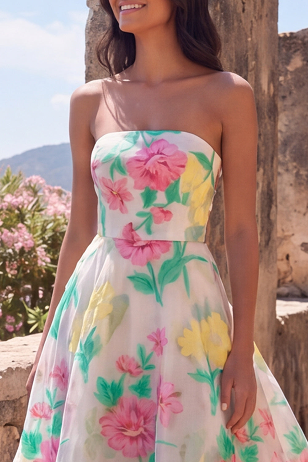 Daffodil Pink Flower A Line Strapless Long Formal Dress