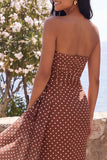Brown and White Polka Dots Strapless Mermaid Long Formal Dress with Side Cape