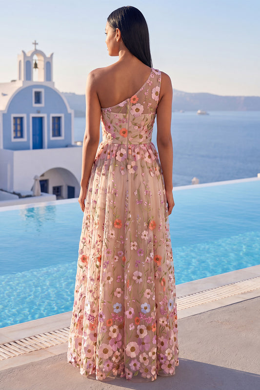 Champagne One Shoulder Floral A Line Long Formal Dress with Slit