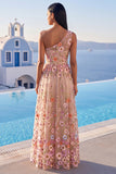 Champagne One Shoulder Floral A Line Long Formal Dress with Slit