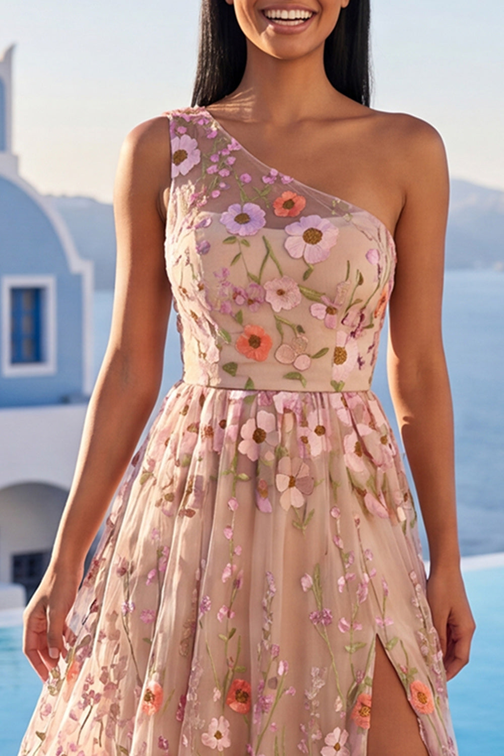 Champagne One Shoulder Floral A Line Long Formal Dress with Slit